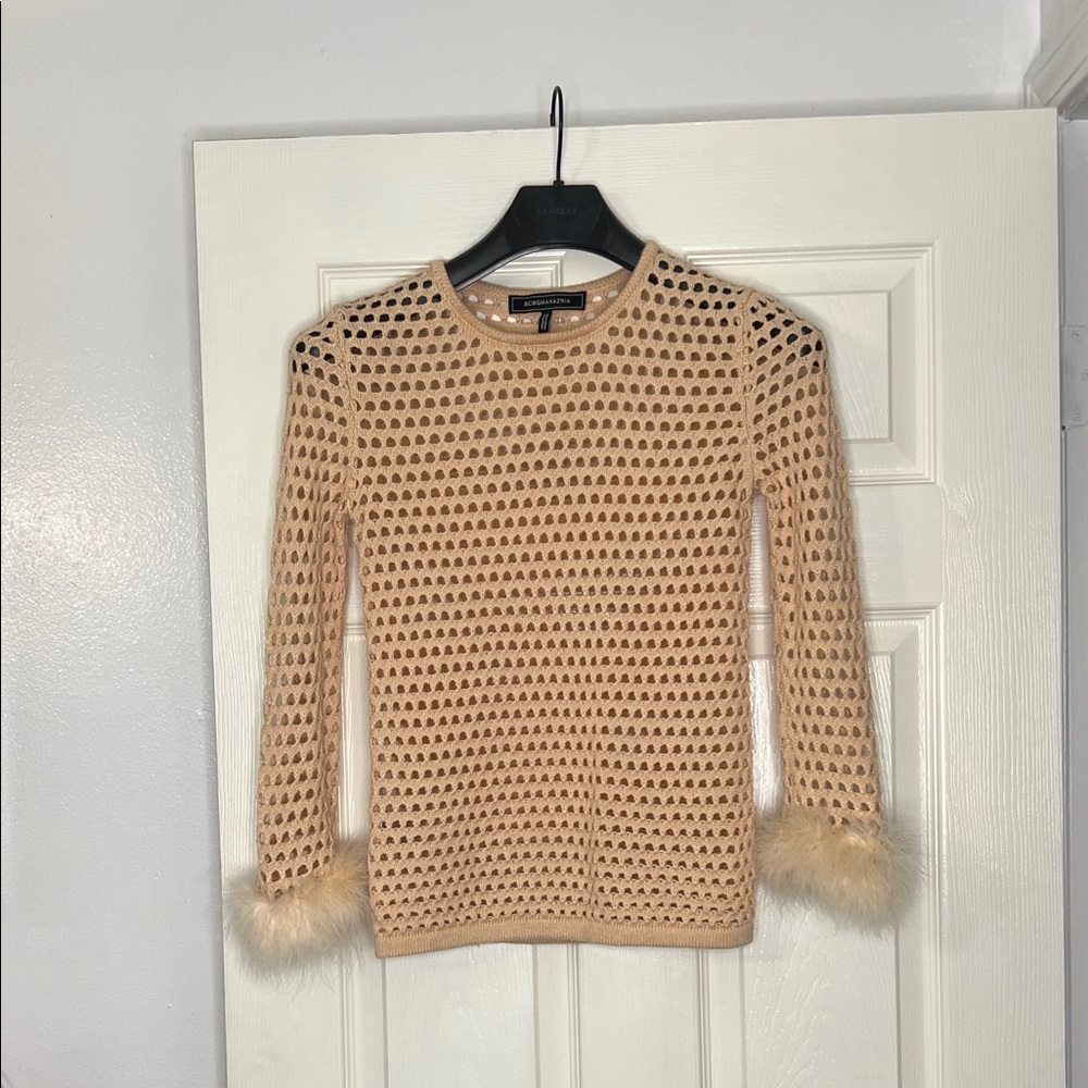 BCBGMaxAzria Beige Sweater with Fur Cuffs